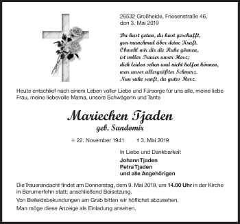 Traueranzeige von Mariechen Tjaden 