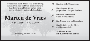 Traueranzeige von Marten de Vries 