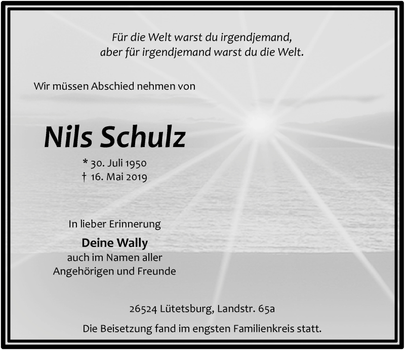  Traueranzeige für Nils Schulz  vom 25.05.2019 aus 