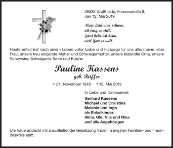 Traueranzeige von Pauline Kassens 