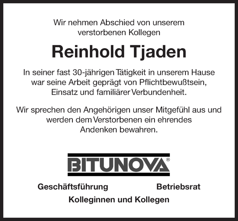  Traueranzeige für Reinhold Tjaden vom 18.05.2019 aus 