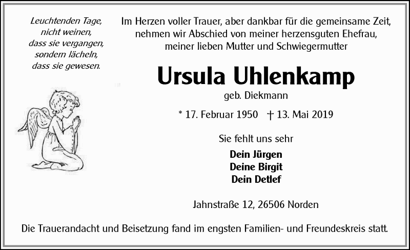  Traueranzeige für Ursula Uhlenkamp vom 20.05.2019 aus 
