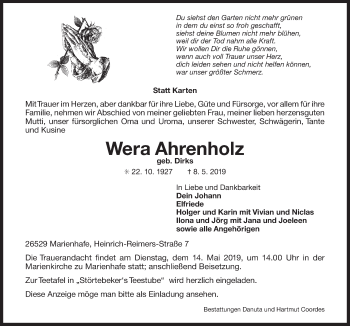 Traueranzeige von Wera Ahrenholz 
