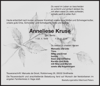 Traueranzeige von Anneliese Kruse 