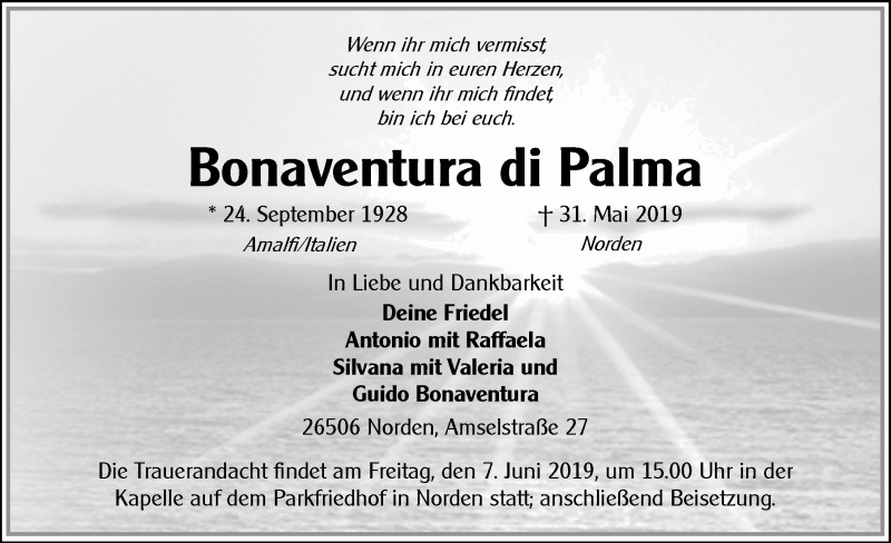  Traueranzeige für Bonaventura di Palma  vom 04.06.2019 aus 