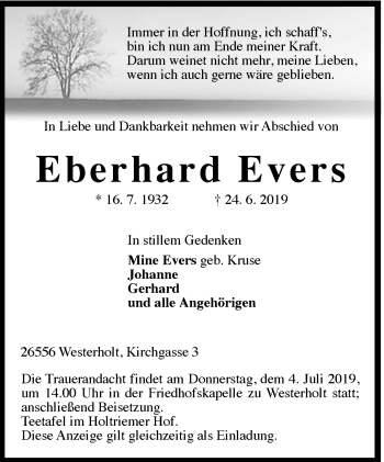 Traueranzeige von Eberhard Evers 