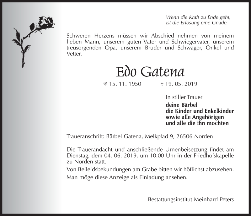  Traueranzeige für Edo Gatena vom 01.06.2019 aus 