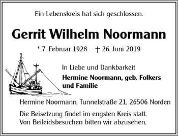 Traueranzeige von Gerrit Wilhelm Noormann 