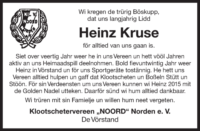  Traueranzeige für Heinz Kruse vom 15.06.2019 aus 