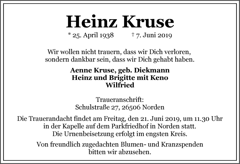 Traueranzeige für Heinz Kruse vom 15.06.2019 aus 