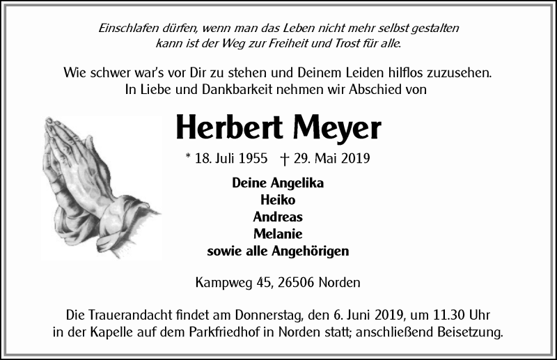  Traueranzeige für Herbert Meyer vom 01.06.2019 aus 