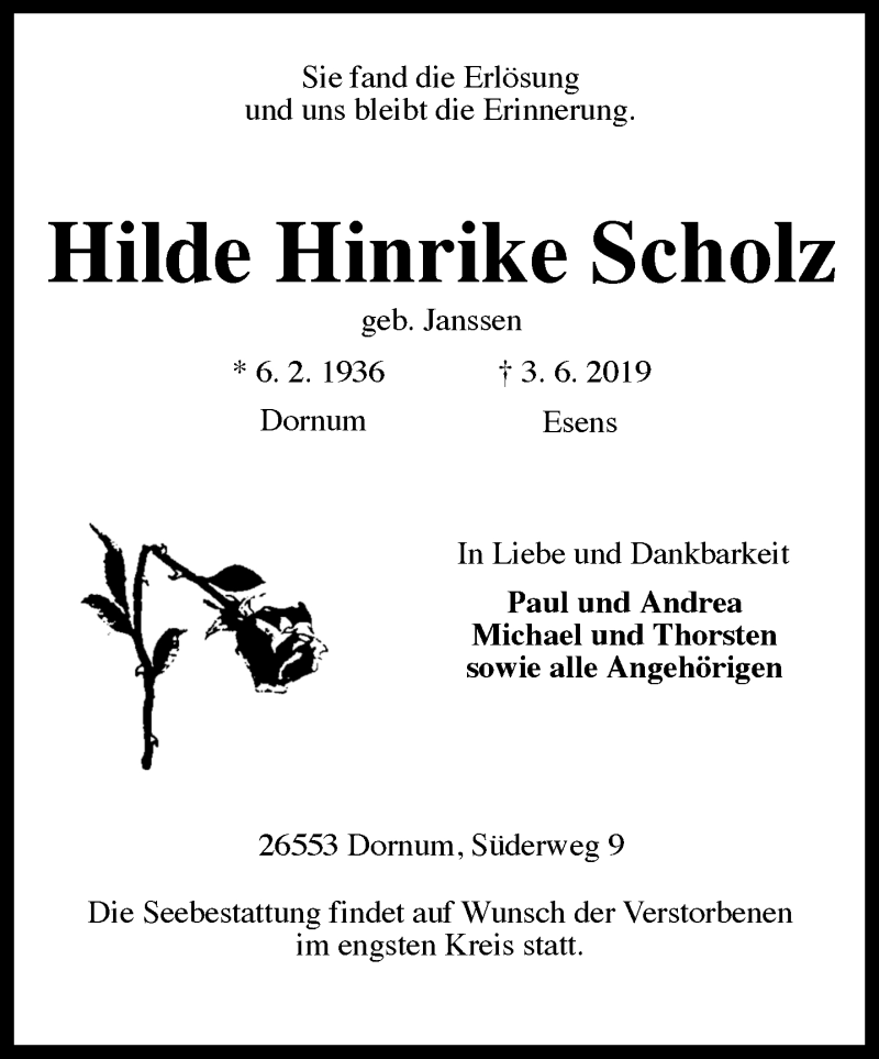  Traueranzeige für Hilde Hinrike Scholz vom 06.06.2019 aus Ostfrisischer Kurier