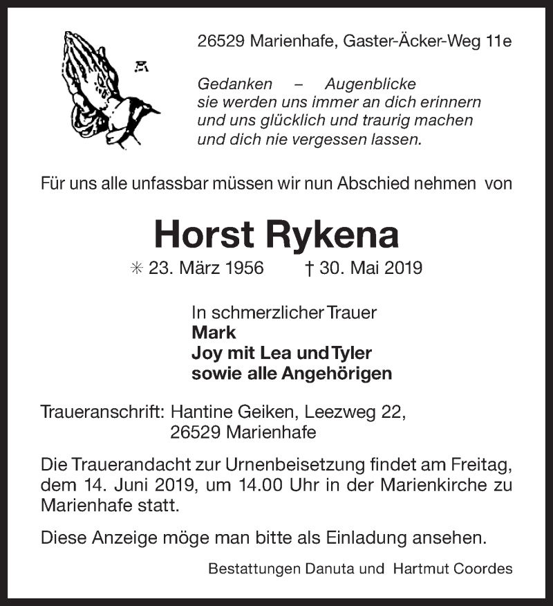  Traueranzeige für Horst Rykena vom 08.06.2019 aus 
