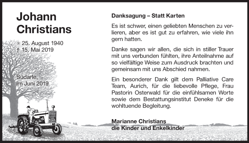  Traueranzeige für Johann Christians vom 15.06.2019 aus 
