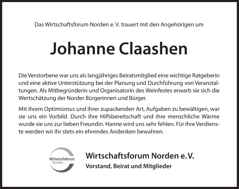  Traueranzeige für Johanne Claashen  vom 04.06.2019 aus 