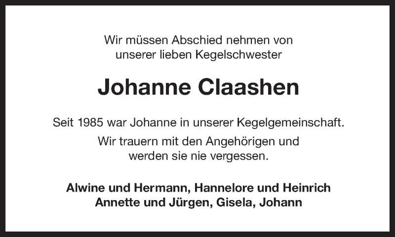  Traueranzeige für Johanne Claashen  vom 06.06.2019 aus 