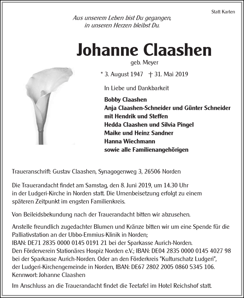  Traueranzeige für Johanne Claashen  vom 04.06.2019 aus 