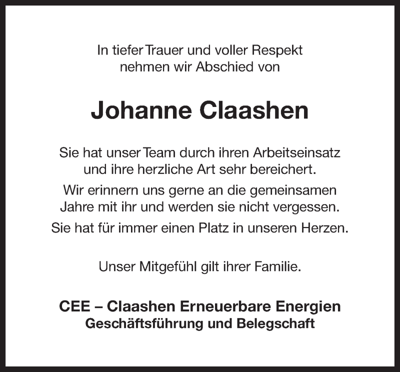  Traueranzeige für Johanne Claashen  vom 06.06.2019 aus 
