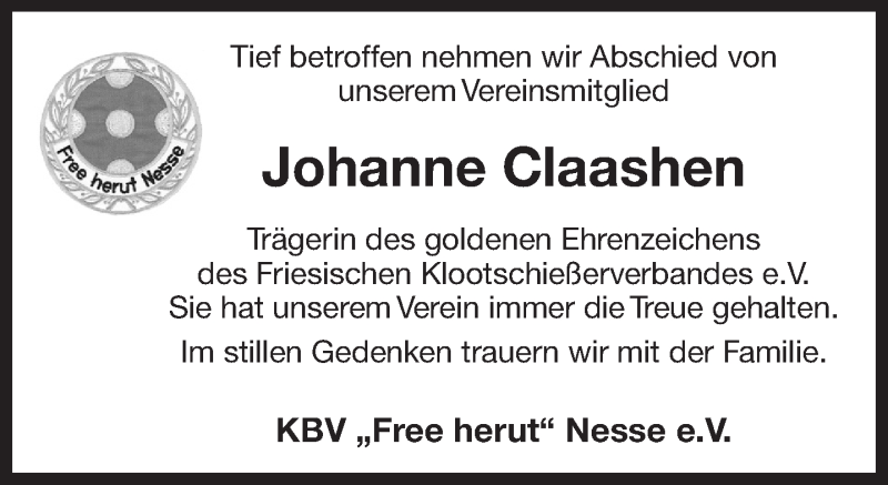  Traueranzeige für Johanne Claashen  vom 06.06.2019 aus 