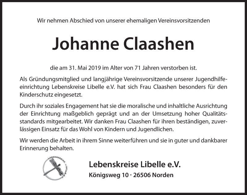  Traueranzeige für Johanne Claashen  vom 06.06.2019 aus 