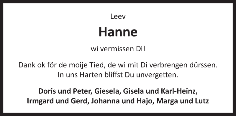  Traueranzeige für Johanne Claashen  vom 06.06.2019 aus Ostfrisischer Kurier