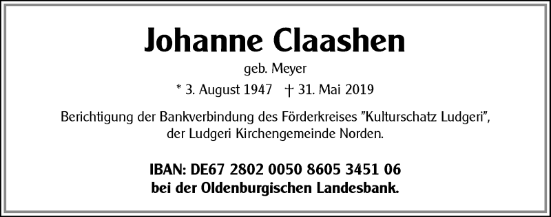  Traueranzeige für Johanne Claashen  vom 06.06.2019 aus Ostfrisischer Kurier