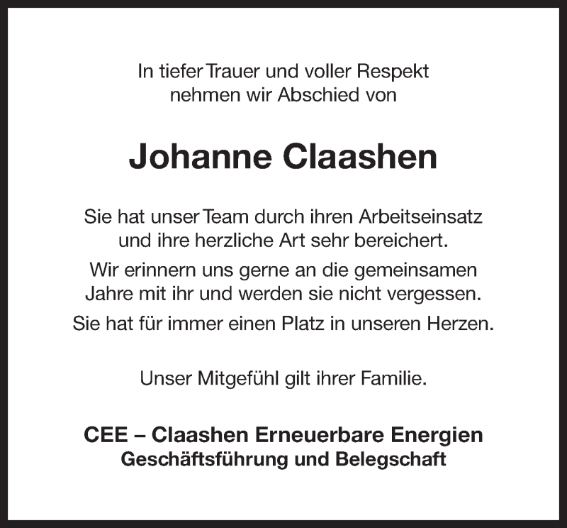  Traueranzeige für Johanne Claashen  vom 06.06.2019 aus Ostfrisischer Kurier