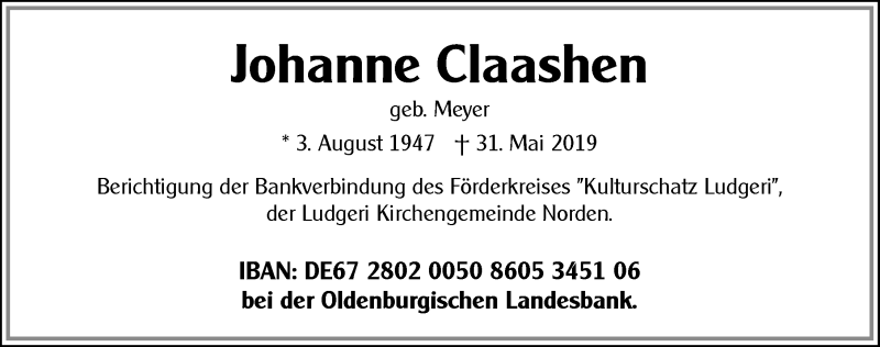  Traueranzeige für Johanne Claashen  vom 06.06.2019 aus 