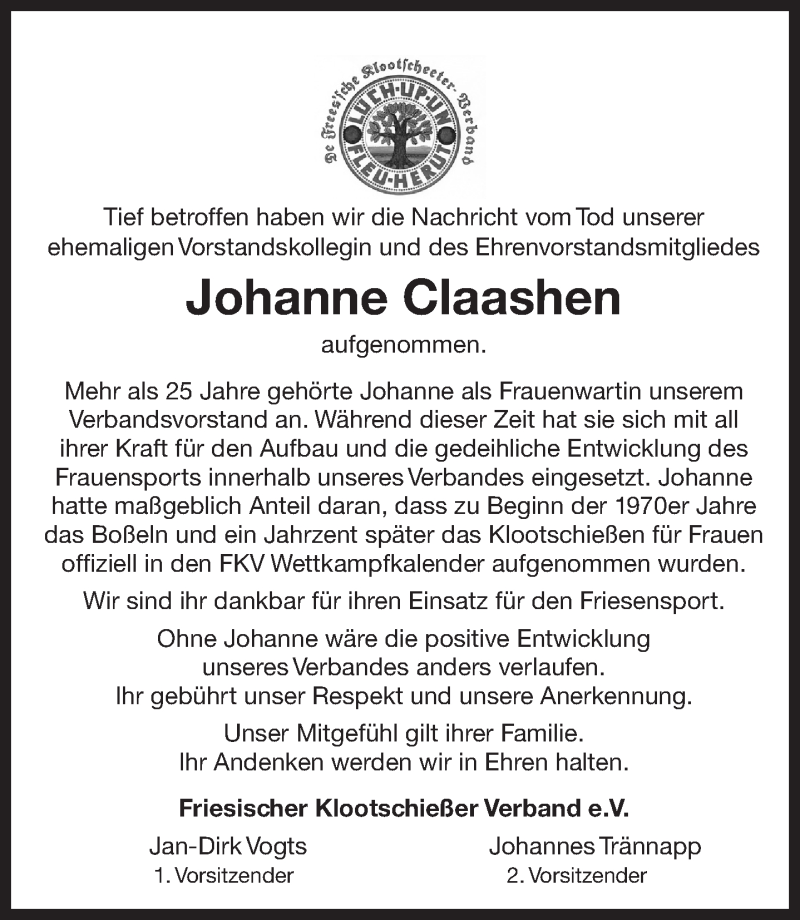  Traueranzeige für Johanne Claashen  vom 06.06.2019 aus Ostfrisischer Kurier