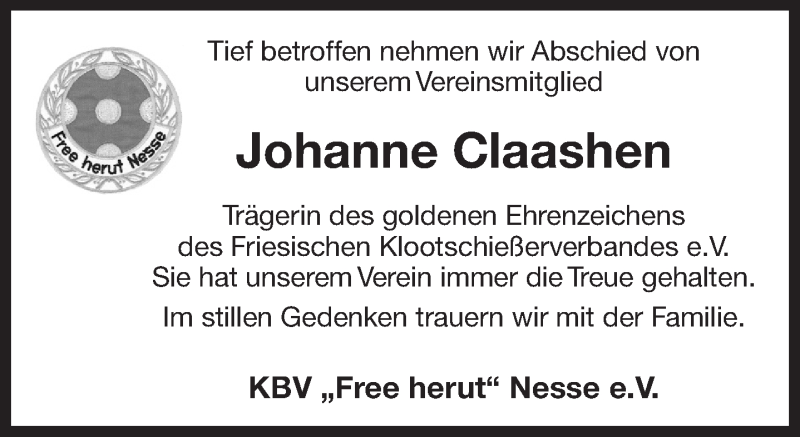  Traueranzeige für Johanne Claashen  vom 06.06.2019 aus Ostfrisischer Kurier