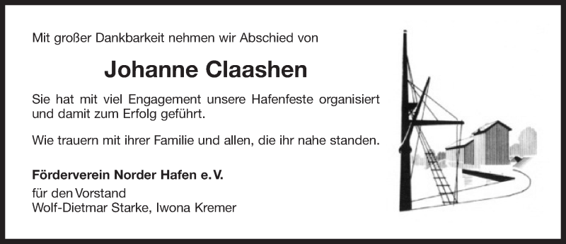  Traueranzeige für Johanne Claashen  vom 06.06.2019 aus Ostfrisischer Kurier