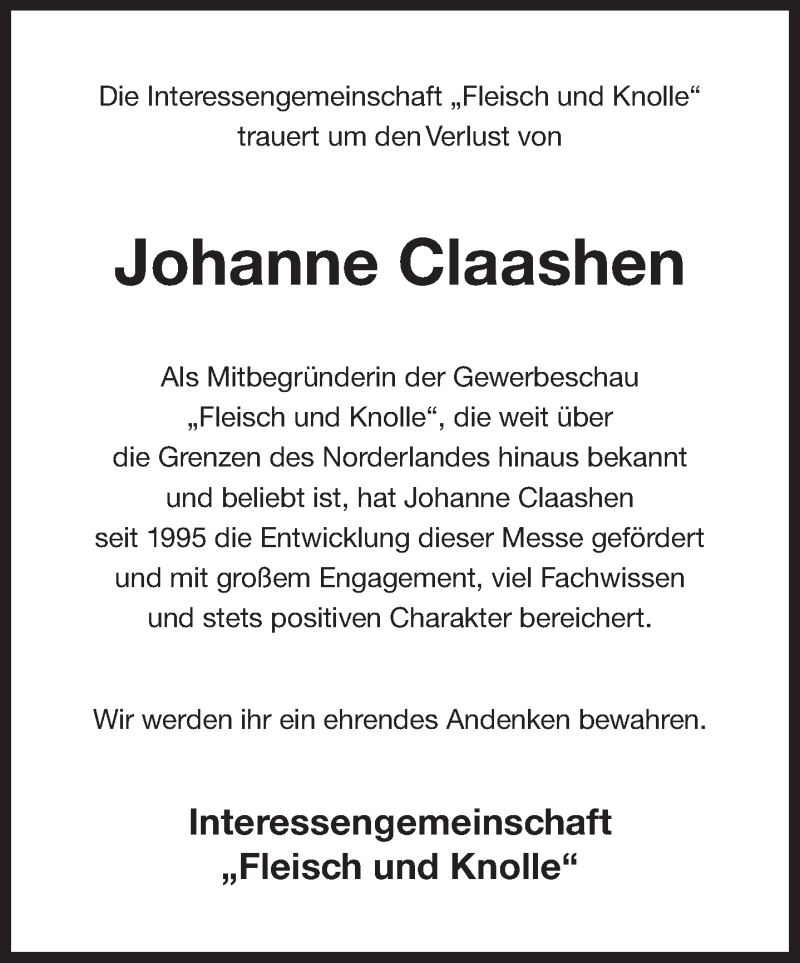  Traueranzeige für Johanne Claashen  vom 04.06.2019 aus 
