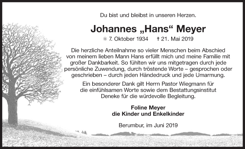  Traueranzeige für Johannes Meyer vom 22.06.2019 aus 