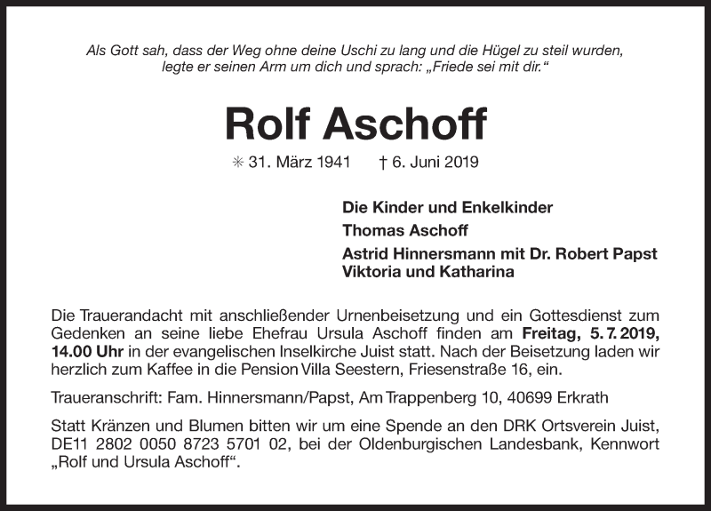  Traueranzeige für Rolf Aschoff vom 29.06.2019 aus 