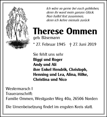 Traueranzeige von Therese Ommen 