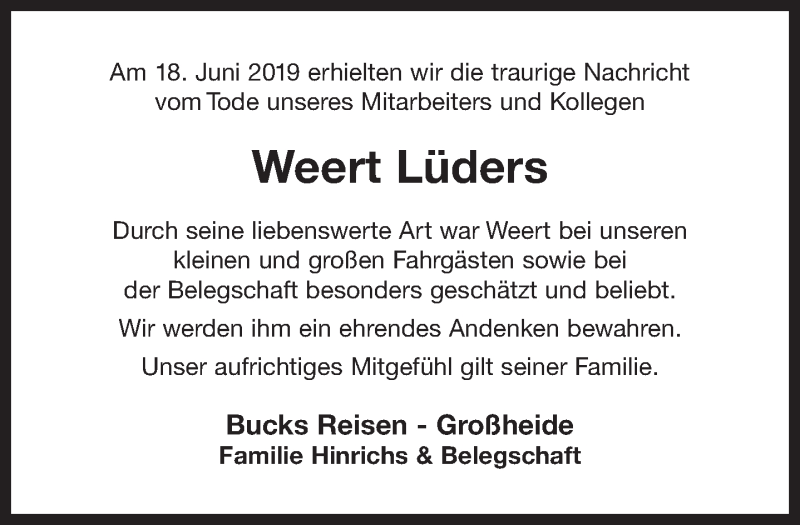  Traueranzeige für Weert Lüders vom 29.06.2019 aus 