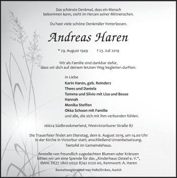 Traueranzeige von Andreas Haren 