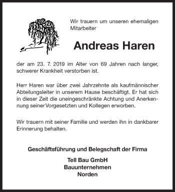 Traueranzeige von Andreas Haren 