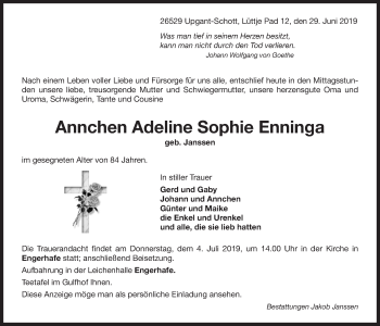 Traueranzeige von Annchen Adeline Sophie Enninga 