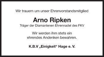 Traueranzeige von Arno Ripken 