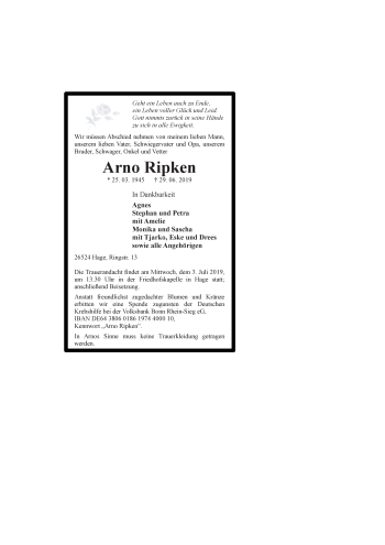 Traueranzeige von Arno Ripken 