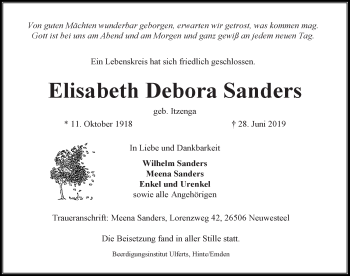 Traueranzeige von Elisabeth Debora Sanders 