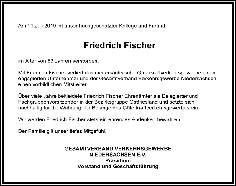  Traueranzeige für Friedrich Fischer vom 16.07.2019 aus 