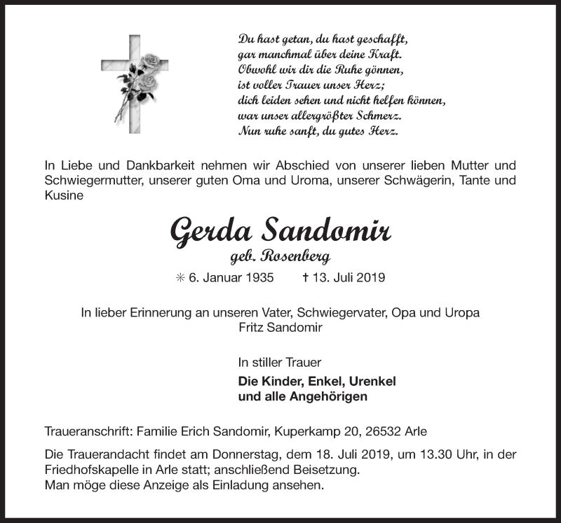  Traueranzeige für Gerda Sandomir vom 15.07.2019 aus 