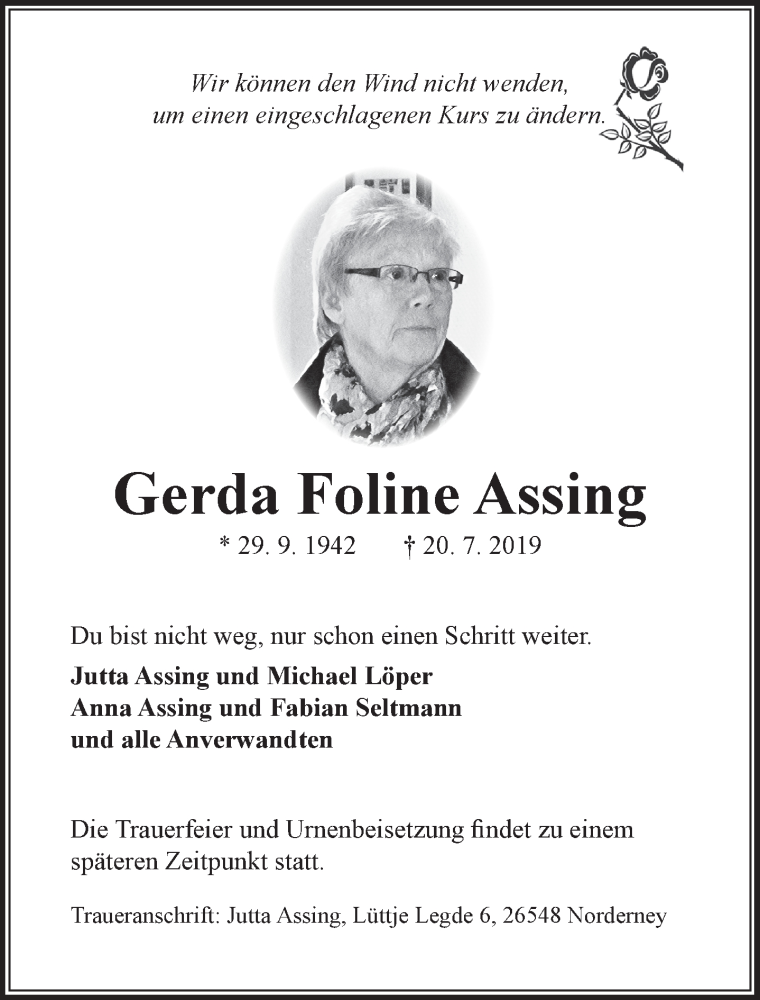  Traueranzeige für Gerda Foline Assing vom 24.07.2019 aus 