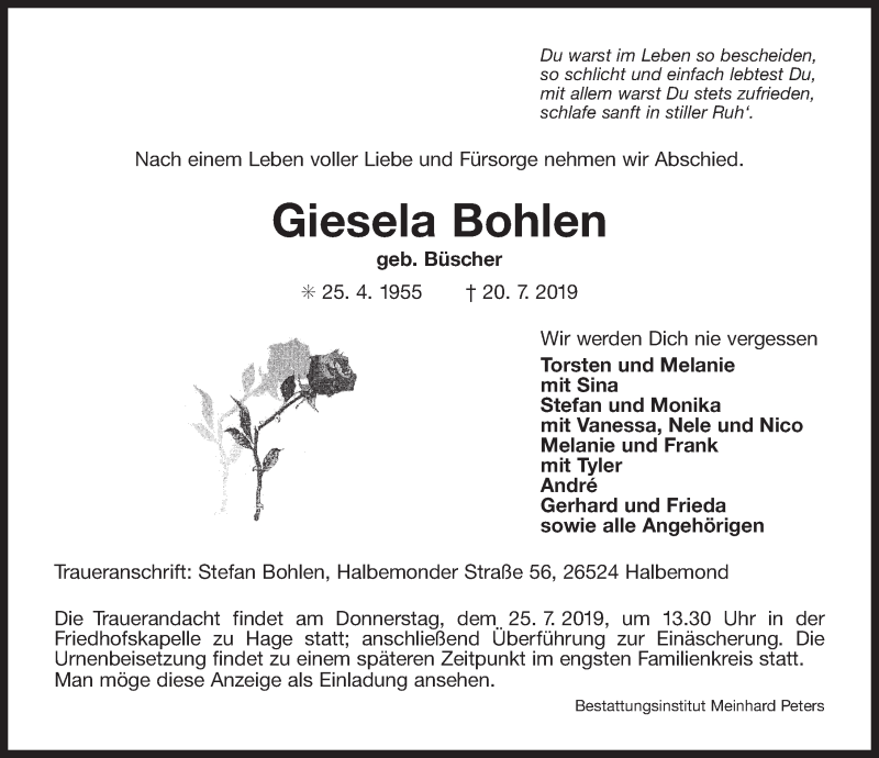  Traueranzeige für Giesela Bohlen vom 23.07.2019 aus 