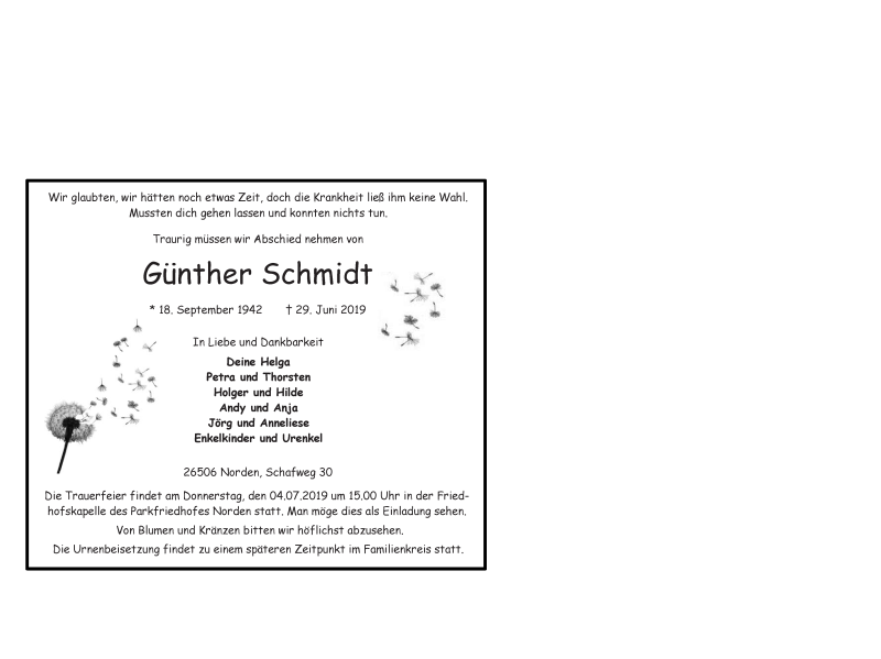  Traueranzeige für Günther Schmidt vom 01.07.2019 aus 