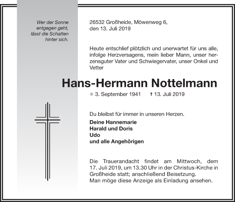  Traueranzeige für Hans-Hermann Nottelmann  vom 15.07.2019 aus 