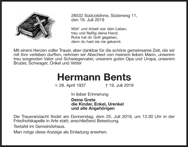  Traueranzeige für Hermann Bents vom 22.07.2019 aus 