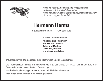 Traueranzeige von Hermann Harms 